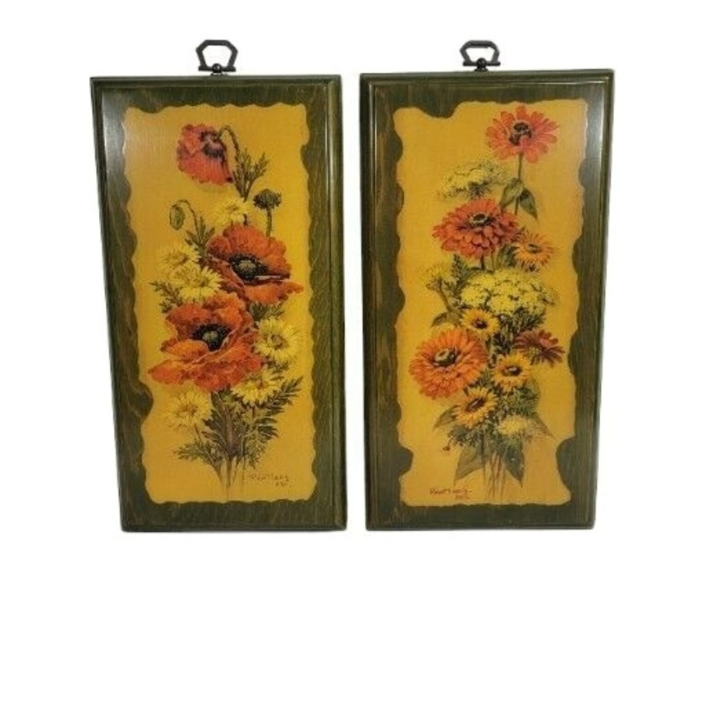 Vintage ROBERT LAESSIG‎ A.N.A Green Tone Wood Flowers Wall Art 5.5" x 10.5"